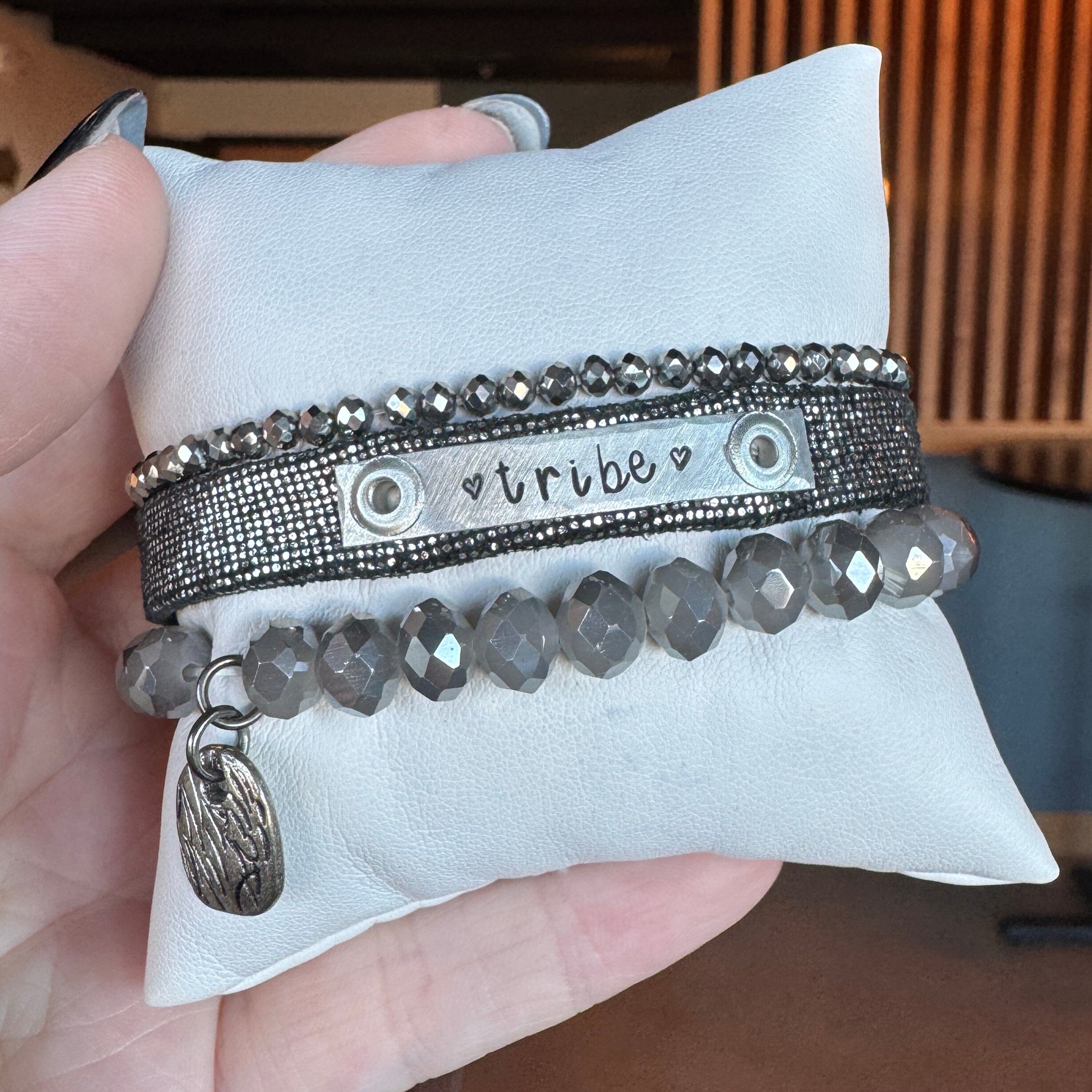 TRIBE | Mirrorball Black Leather Skinny Set | 3 pieces | Bracelets | Women Skinny Bracelets Create Hope Cuffs 