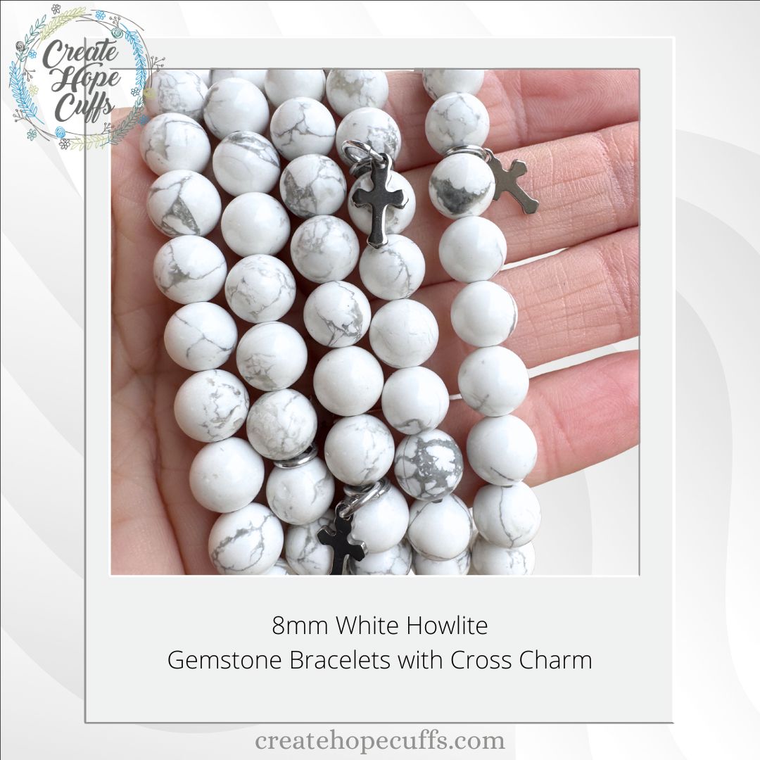 White Howlite Bead Bracelet | Tiny Cross Charm | 8mm | Gemstone | Women Bracelets Create Hope Cuffs 