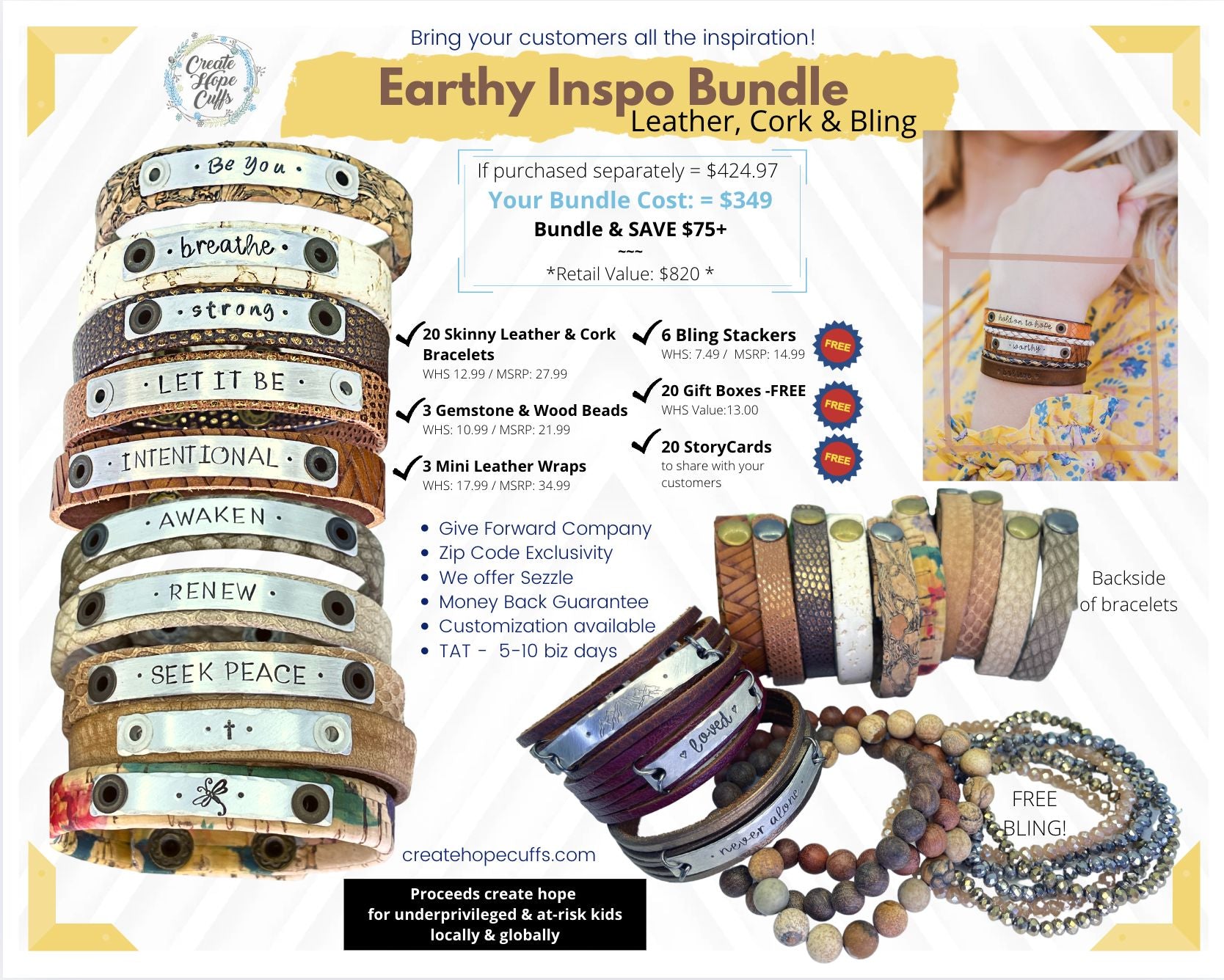 (Wholesale) BUNDLE: Earthy Inspo | 32 Bracelets | Save $75 Leather Wrap Create Hope Cuffs 