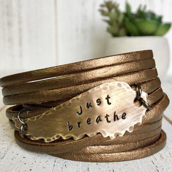 4 Phrases | Angel Wing Bronze Double Leather Wrap Bracelet | Adjustable Leather Wrap Create Hope Cuffs just breathe 