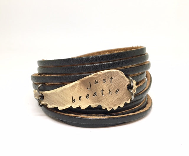 Adjustable Black Leather Wrap & Bronze Wing Bracelet, 4 phrases Leather Wrap Create Hope Cuffs 
