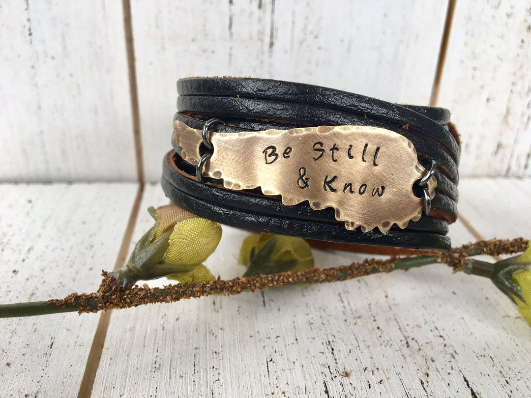 Adjustable Black Leather Wrap & Bronze Wing Bracelet, 4 phrases Leather Wrap Create Hope Cuffs Be Still & Know 