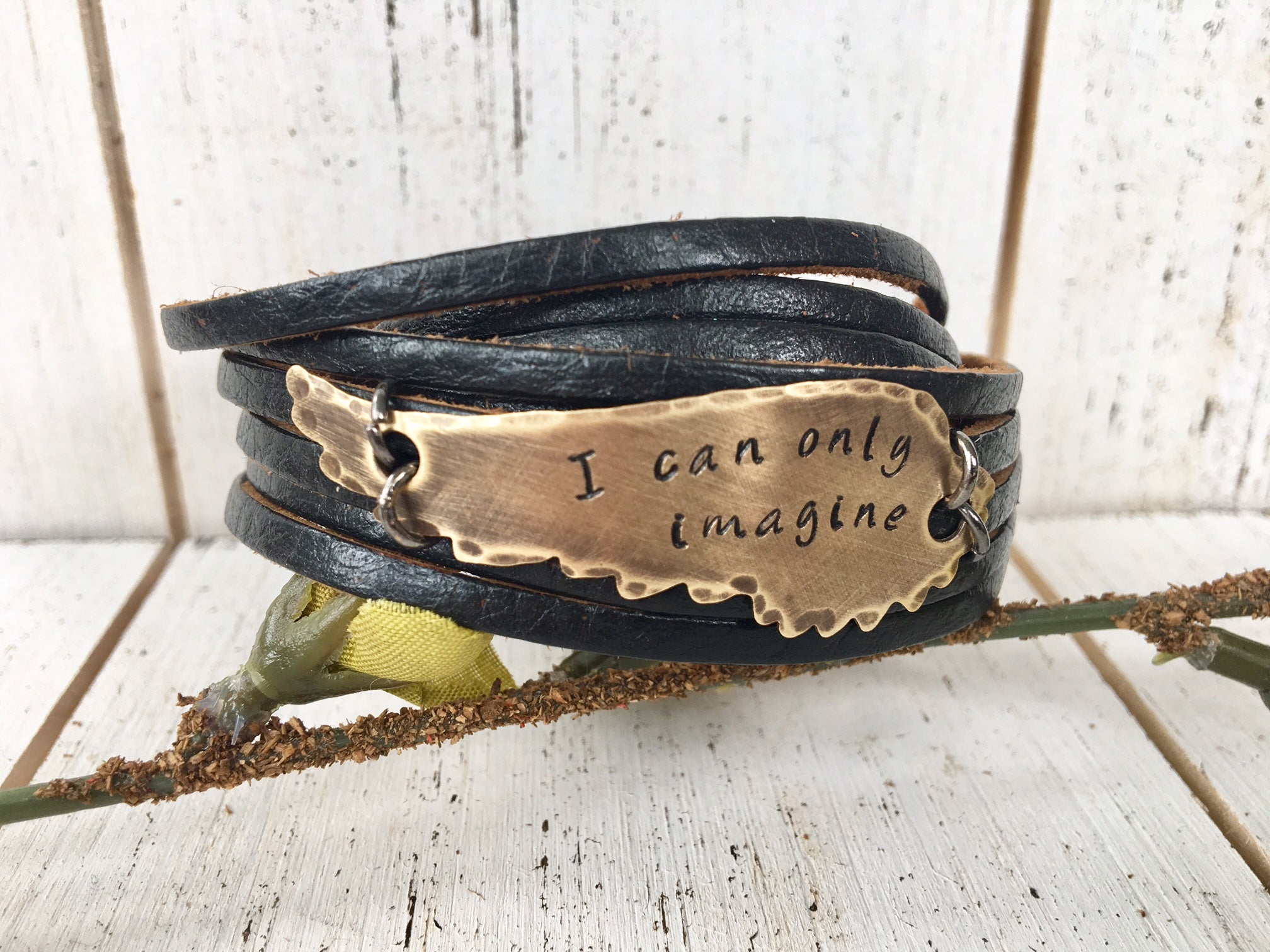 Adjustable Black Leather Wrap & Bronze Wing Bracelet, 4 phrases Leather Wrap Create Hope Cuffs I can only imagine 