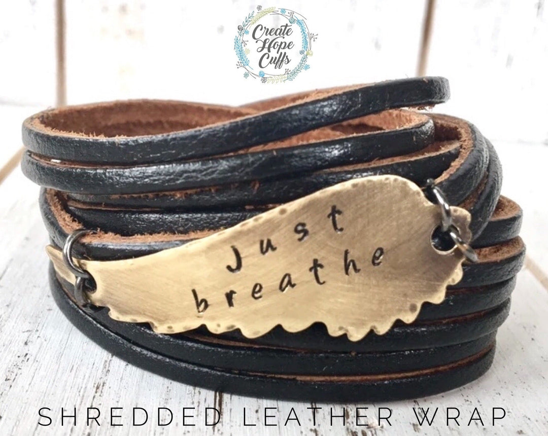 Adjustable Black Leather Wrap & Bronze Wing Bracelet, 4 phrases Leather Wrap Create Hope Cuffs just breathe 