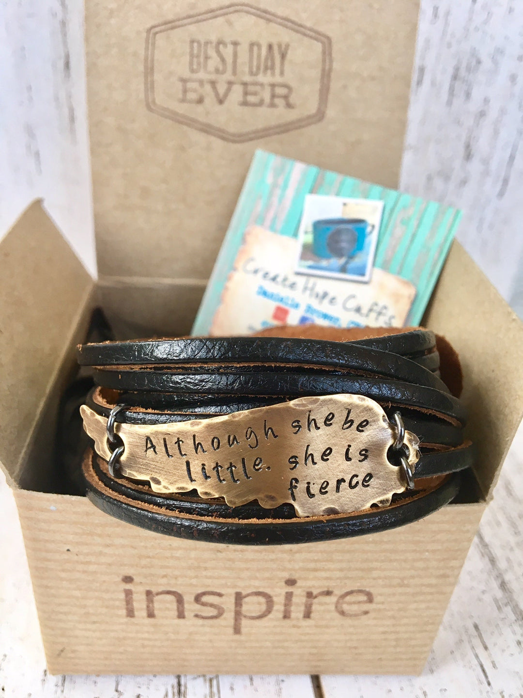 Adjustable Black Leather Wrap & Bronze Wing Bracelet, 4 phrases Leather Wrap Create Hope Cuffs she believed she could so she did 