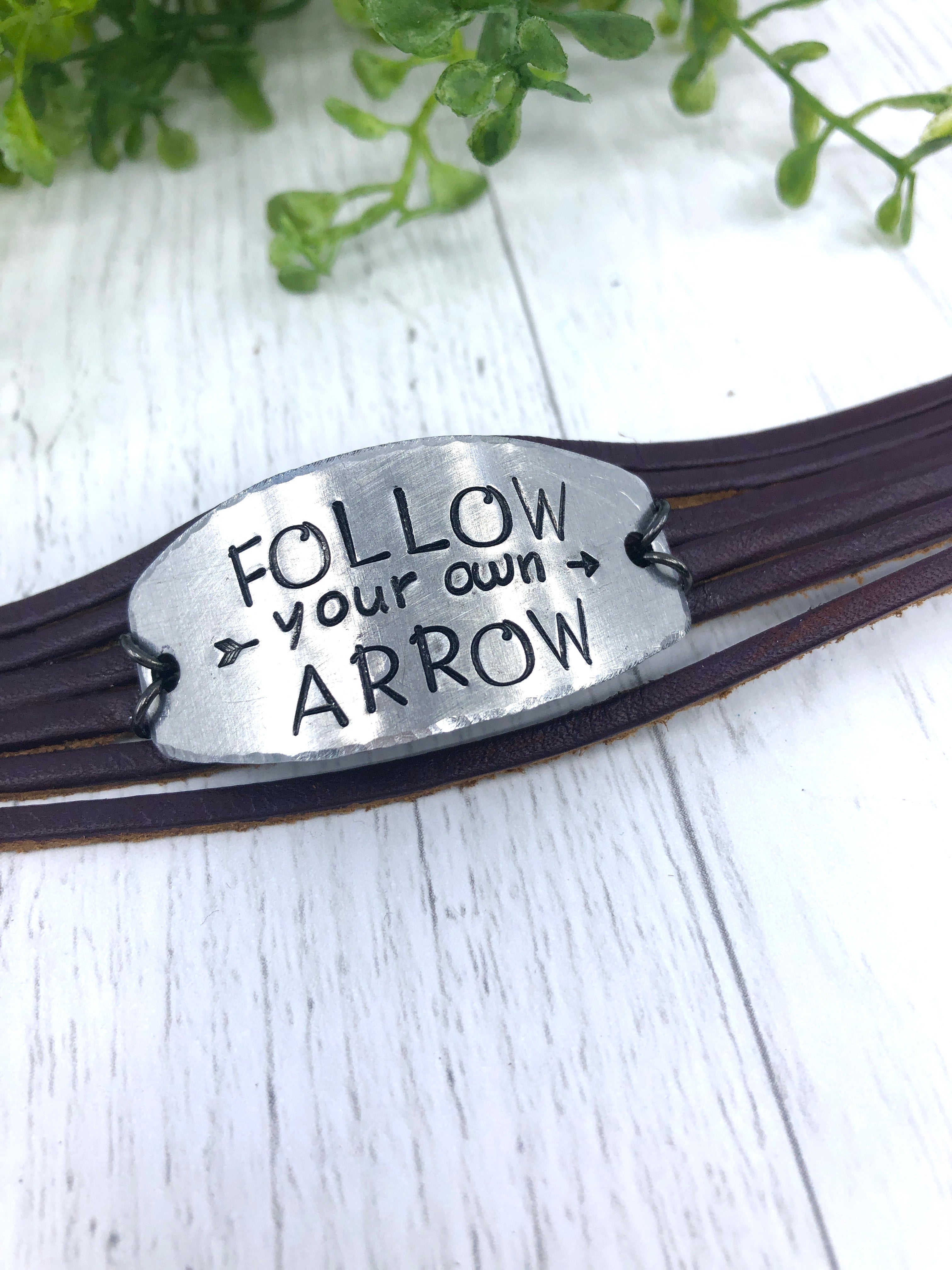 Adjustable 'FOLLOW Your Own ARROW" Shredded Plum Leather Double Wrap Leather Wrap Create Hope Cuffs 