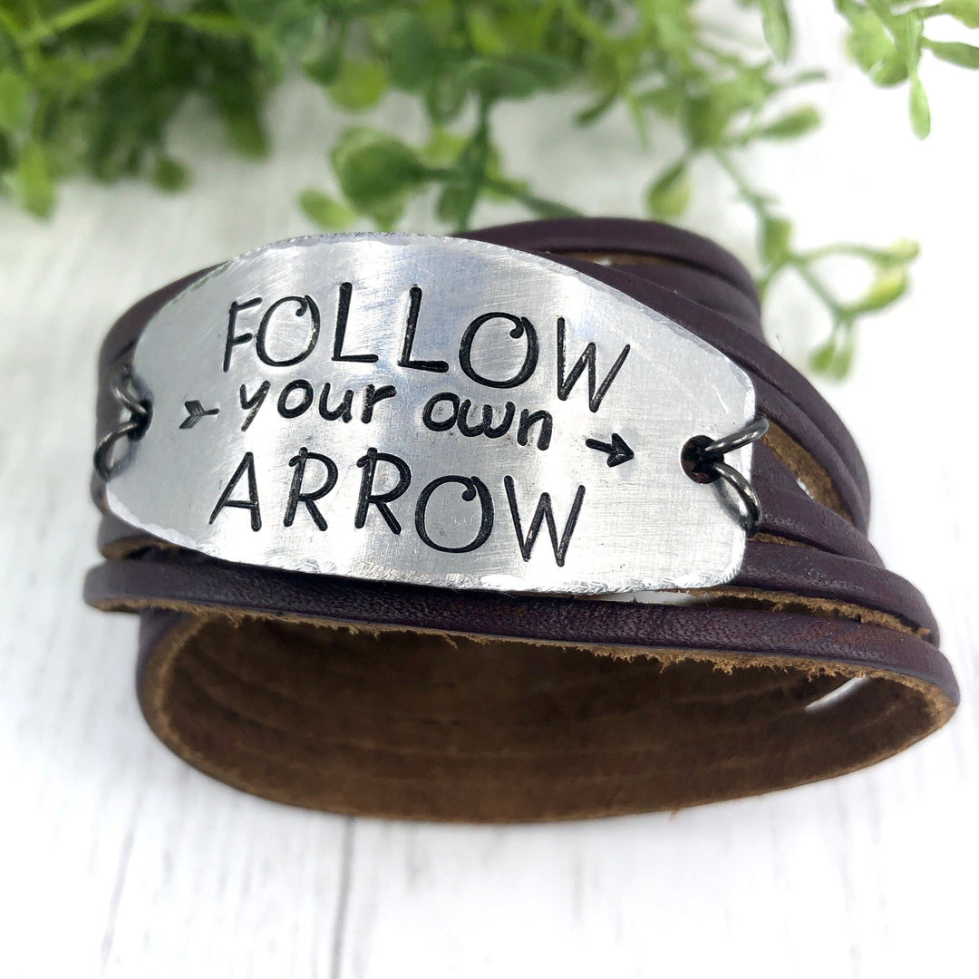 Adjustable 'FOLLOW Your Own ARROW" Shredded Plum Leather Double Wrap Leather Wrap Create Hope Cuffs 