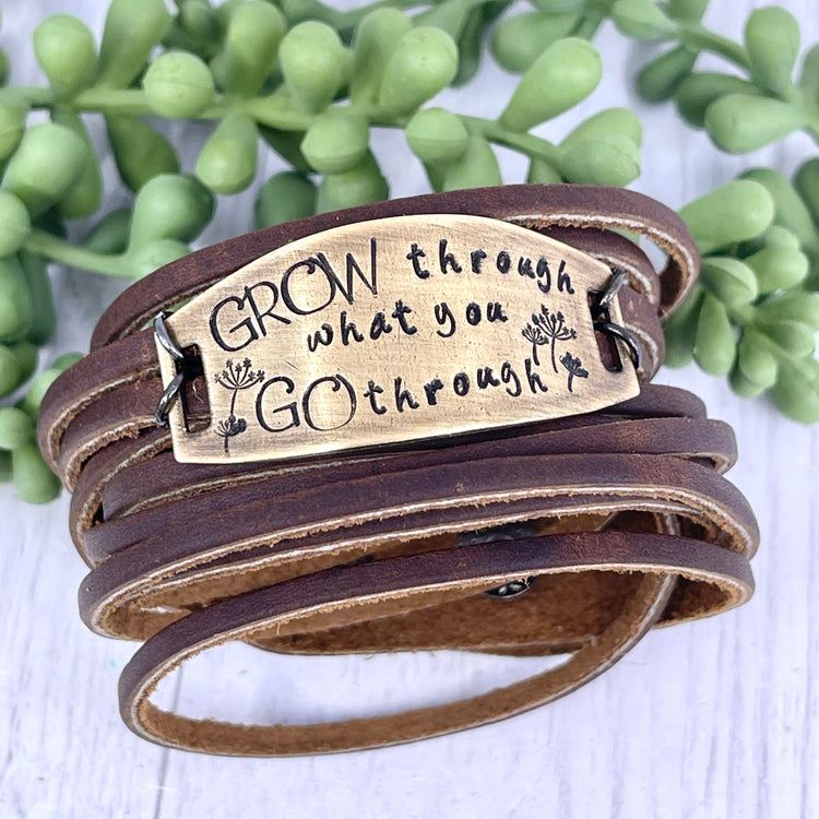 Adjustable GROW THROUGH Dark Brown OR Black Leather & Bronze Shield Double Wrap Bracelet Leather Wrap Create Hope Cuffs 