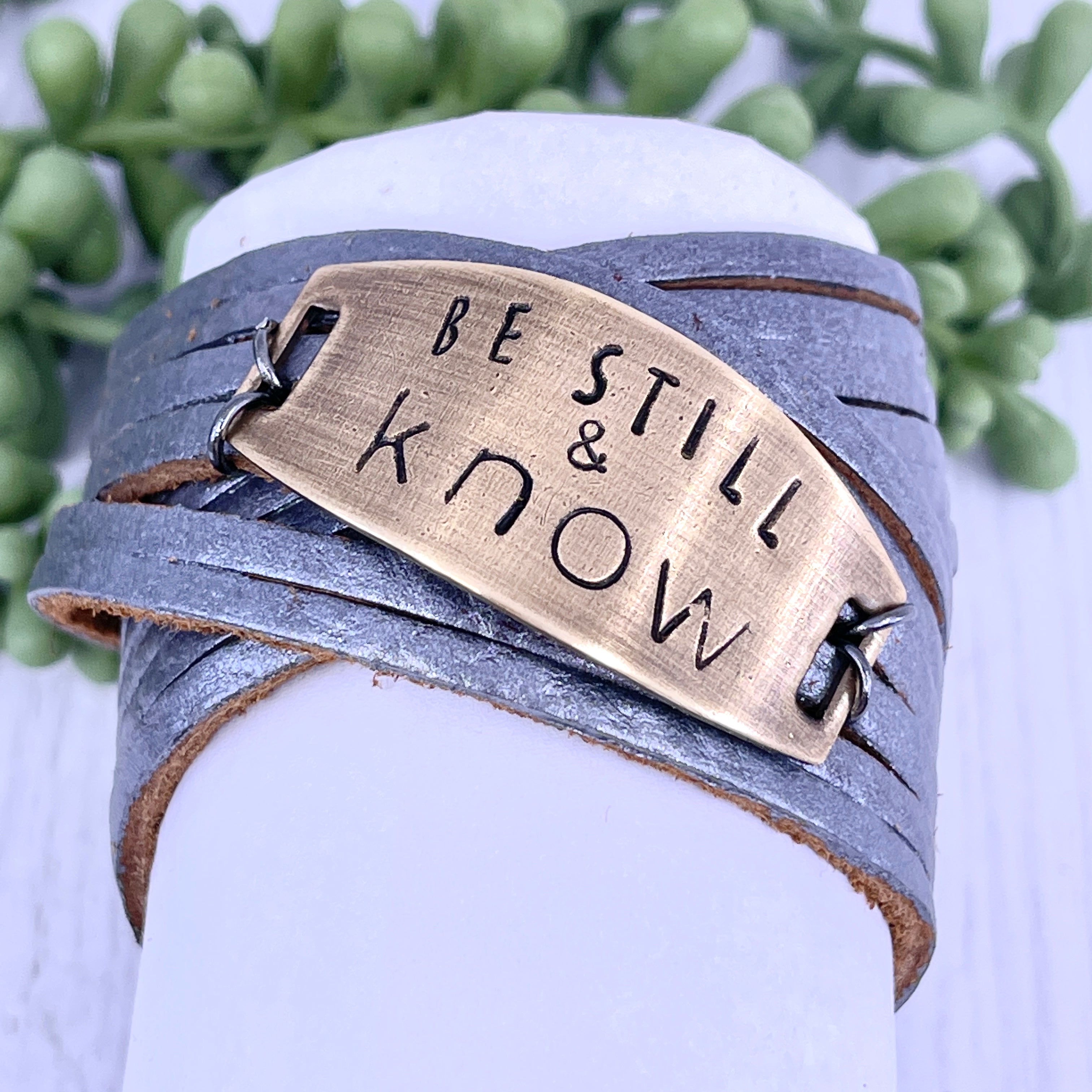 Adjustable Pewter Leather BE STILL & KNOW Wrap & Bronze Shield Bracelet, adjustable Leather Wrap Create Hope Cuffs 