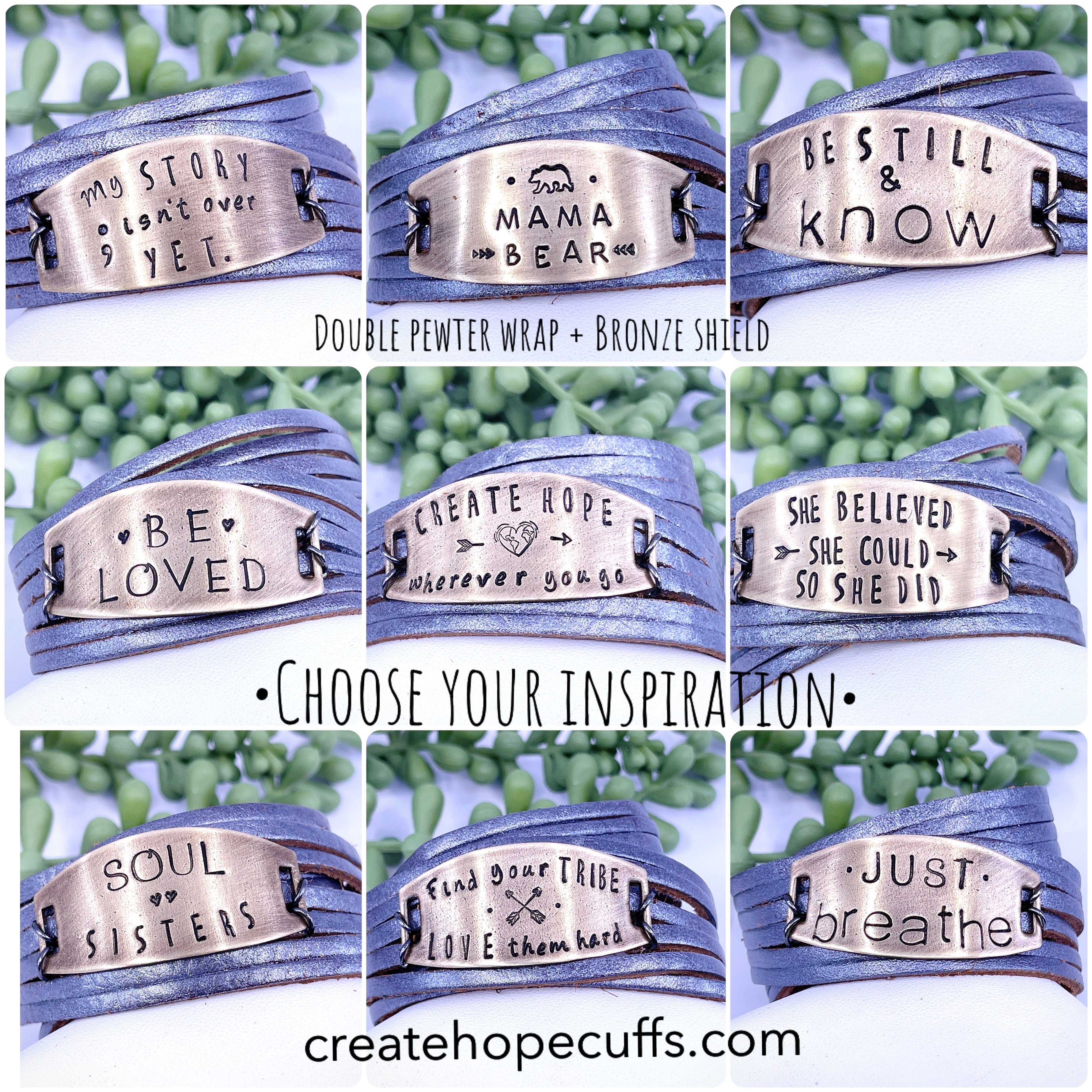 Adjustable Pewter Leather Wrap & Bronze Shield Bracelet | 9 Phrases Leather Wrap Create Hope Cuffs 