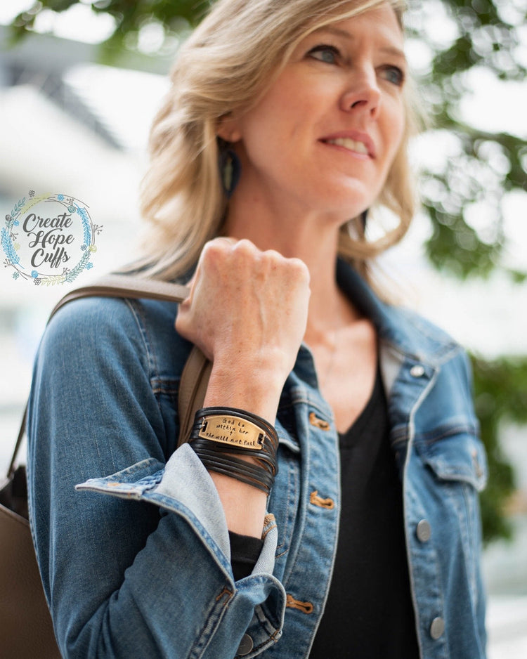 Adjustable Pewter Leather Wrap & Bronze Shield Bracelet | 9 Phrases Leather Wrap Create Hope Cuffs 