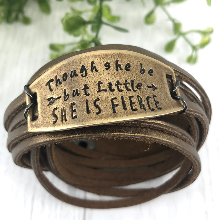Adjustable 'SHE IS FIERCE" Shredded Bronze Leather Double Wrap Bracelet Leather Wrap Create Hope Cuffs 