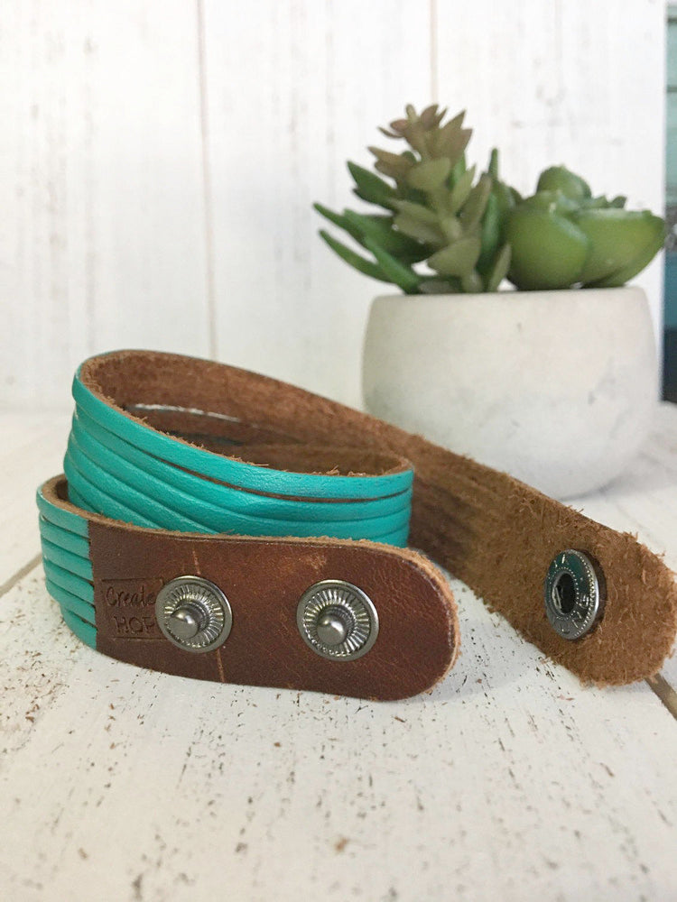 Adjustable Teal Leather Wrap Bracelet 9 Phrase Options Leather Wrap Create Hope Cuffs 