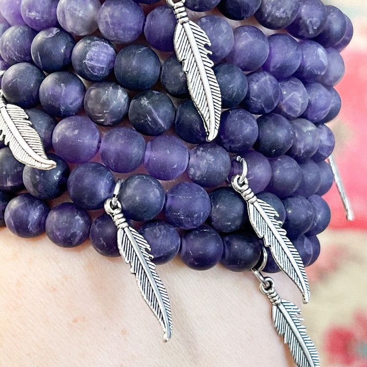 Amethyst Purple Stone FEATHER | Matte Finish | 8mm Beaded Bracelet Bracelets Create Hope Cuffs 