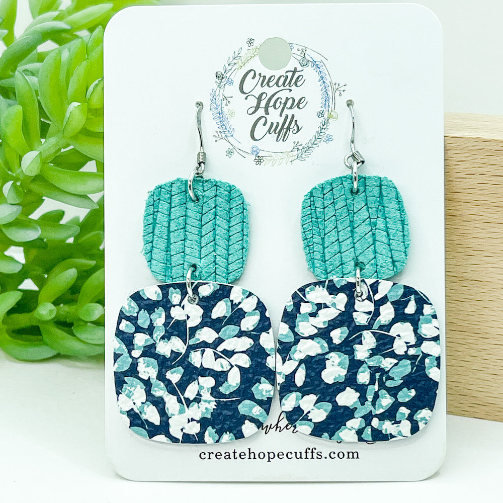 Aqua Navy Floral Leather Earrings | Stacked Square | Hypoallergenic | Women Leather Earrings Create Hope Cuffs 