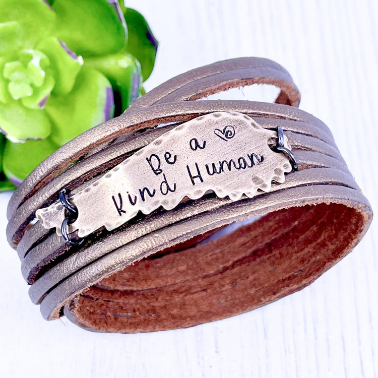 BE A KIND HUMAN Bronze Metallic Leather | Bronze Wing | Double Wrap Bracelet Leather Wrap Create Hope Cuffs 