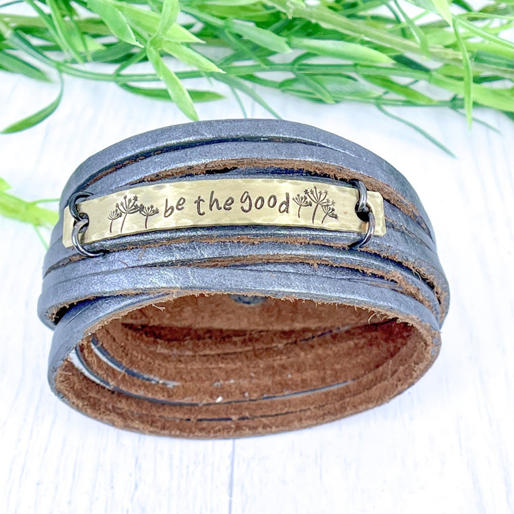 BE THE GOOD Pewter Metallic | Brass Bar | Leather Double Wraps Bracelet | Adjustable Leather Wrap Create Hope Cuffs 