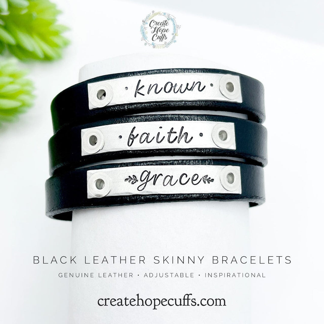 Black Elegant Style | 6 Phrases | Leather Skinny Bracelet | Adjustable Skinny Bracelets Create Hope Cuffs 