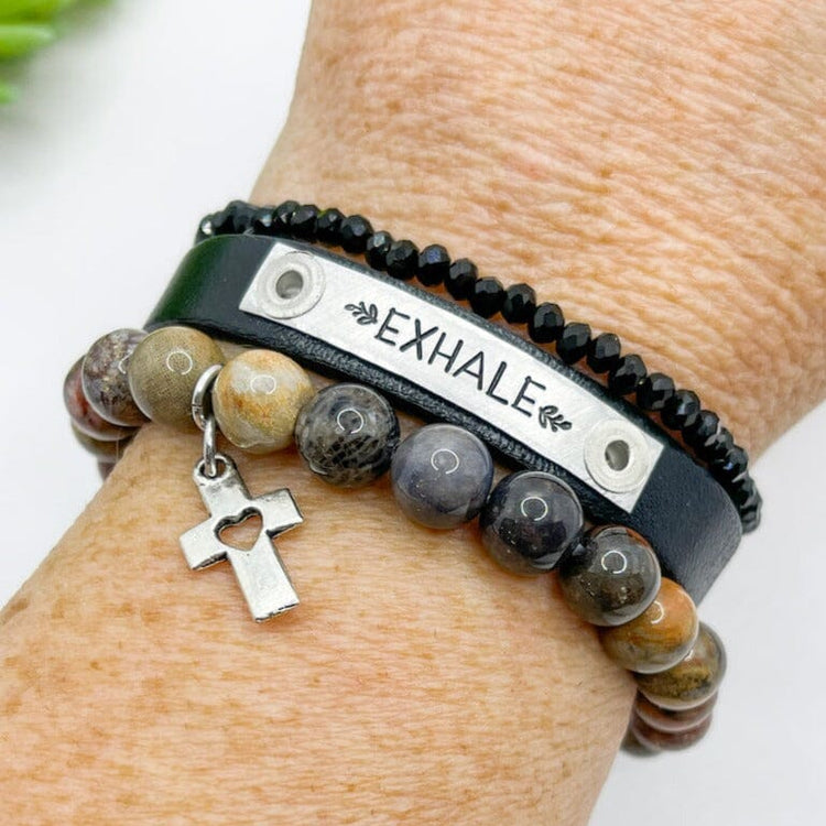 Black EXHALE Stack | Skinny Set | Leather Bracelets | Womens Skinny Bracelets Create Hope Cuffs 