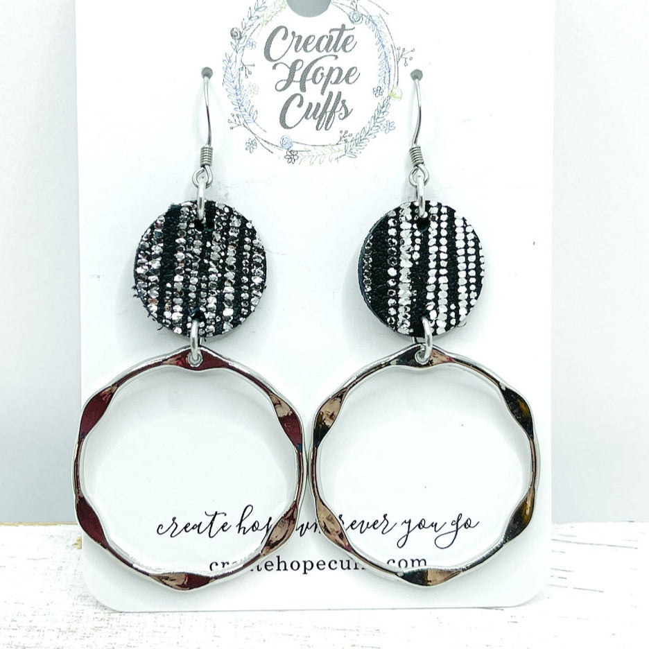 Black Shimmer Leather | Silver Ring Earrings | Stacked | Hypoallergenic | Women Leather Earrings Create Hope Cuffs 