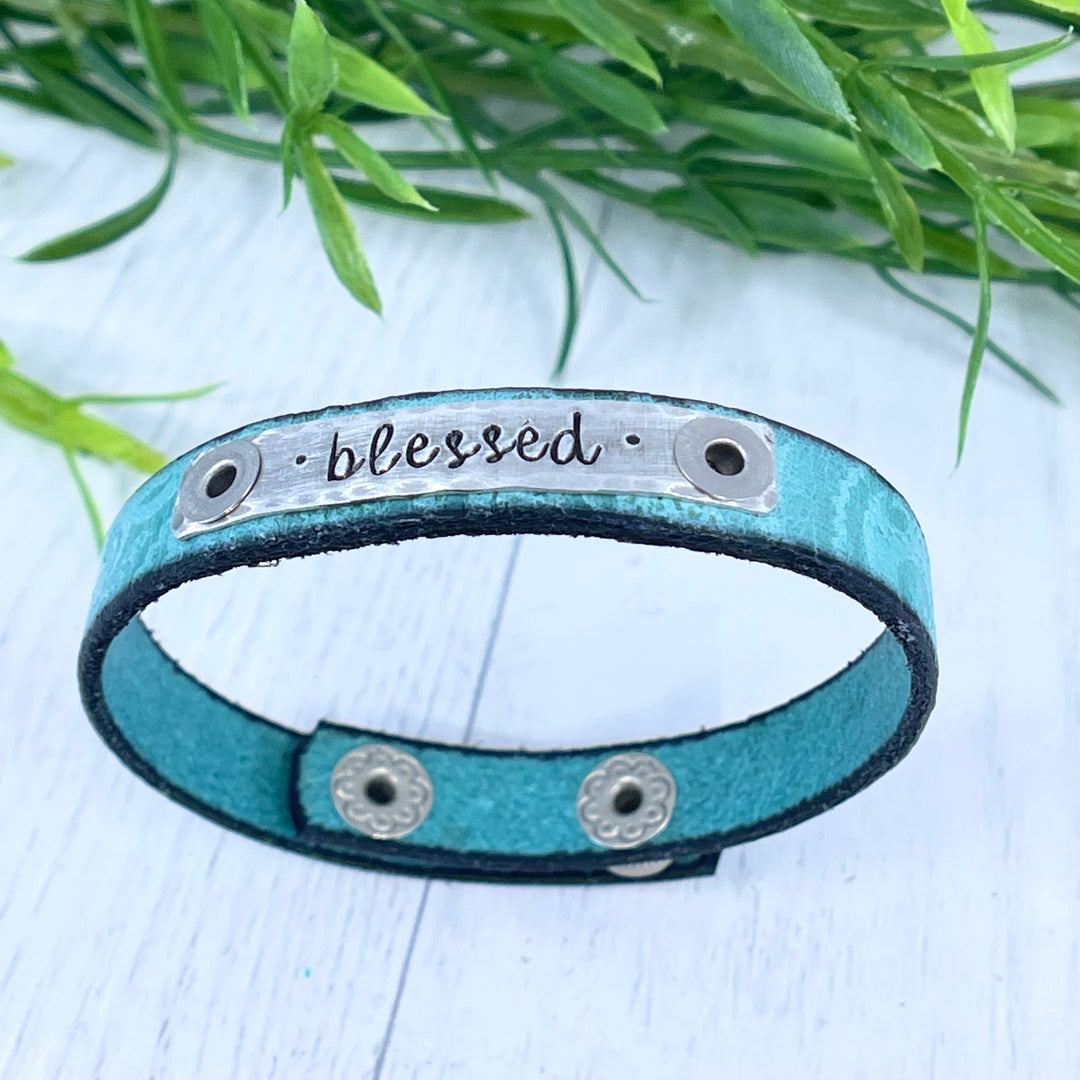 BLESSED Embossed Turquoise Leather Skinny Bracelet, adjustable Skinny Bracelets Create Hope Cuffs 