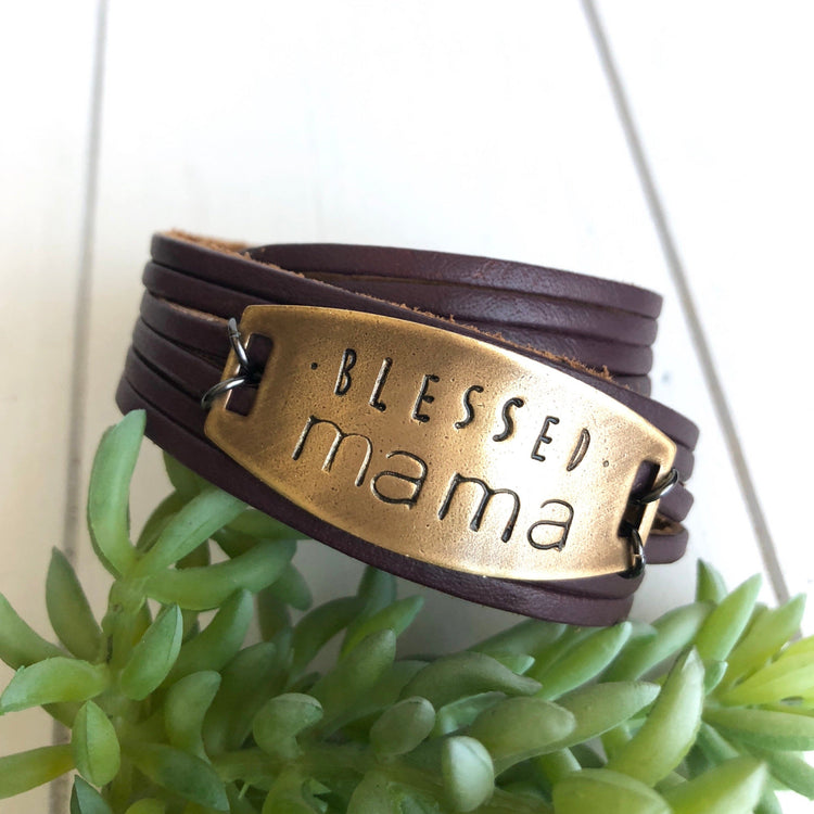 Blessed Mama Plum Leather Wrap & Bronze Shield Bracelet, adjustable Leather Wrap Create Hope Cuffs Plum 