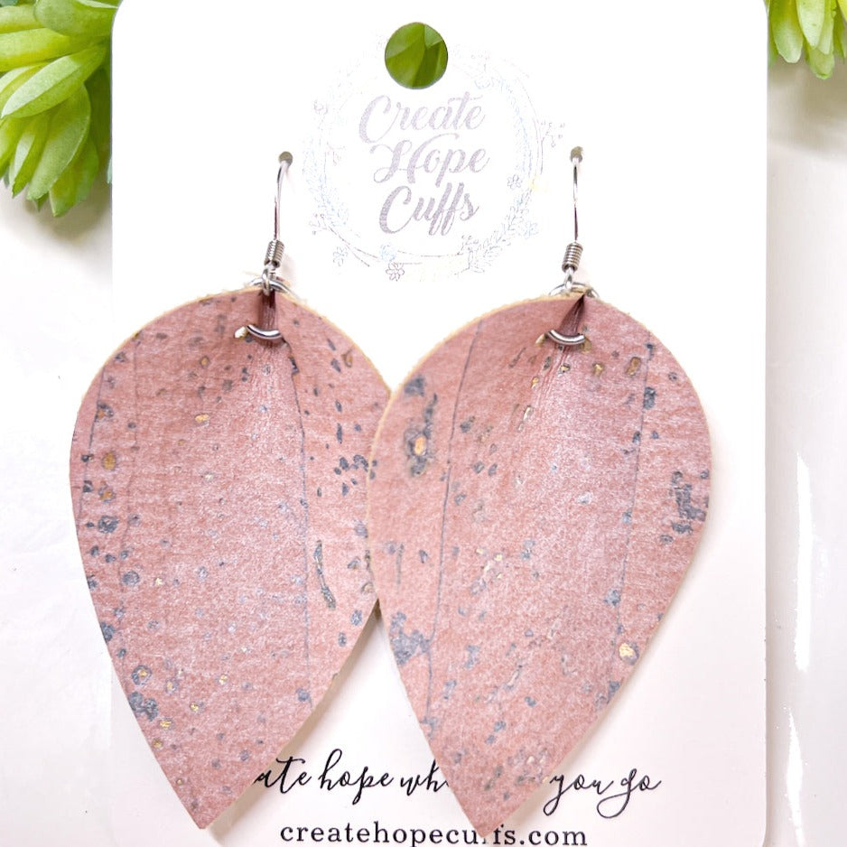Blush Pink Fleck CORK Earrings, Vegan, Eco-Friendly, Large Petal 3” Cork Earrings Create Hope Cuffs 