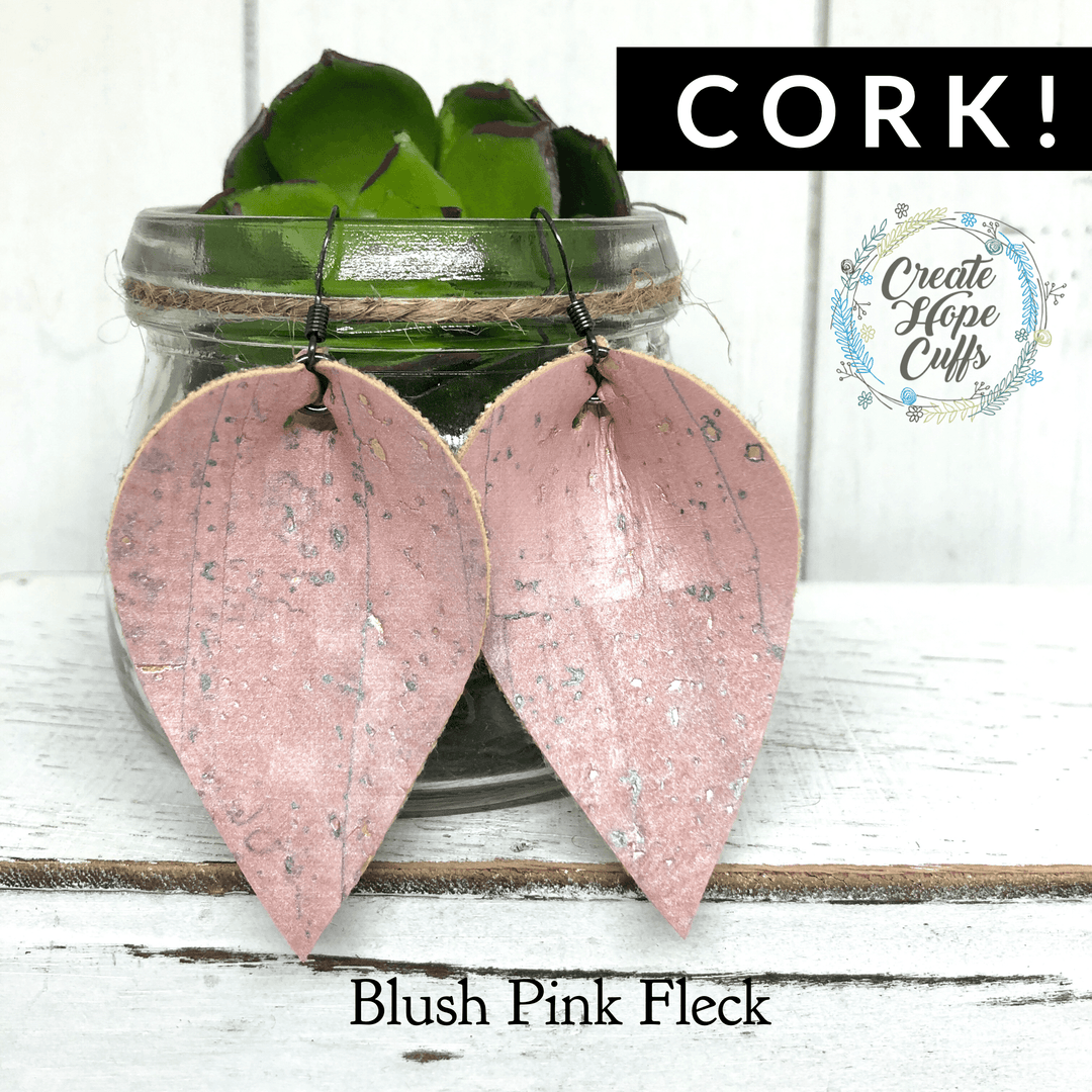 Blush Pink Fleck CORK Earrings, Vegan, Eco-Friendly, Large Petal or Teardrop, 3” Cork Earrings Create Hope Cuffs Blush Pink Petal 