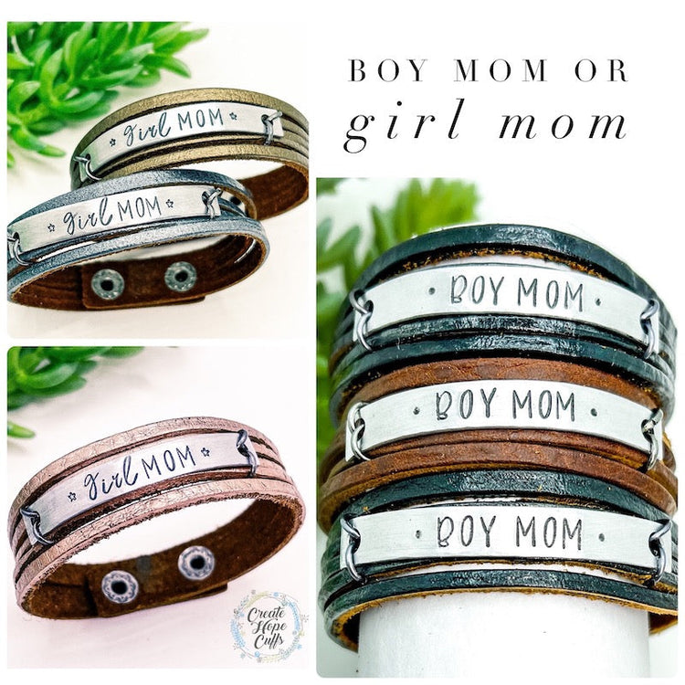 Boy or Girl Mom Mini Wrap | 5 Colors | Leather Silver Bar Bracelet | Women | Adjustable Leather Wrap Create Hope Cuffs 