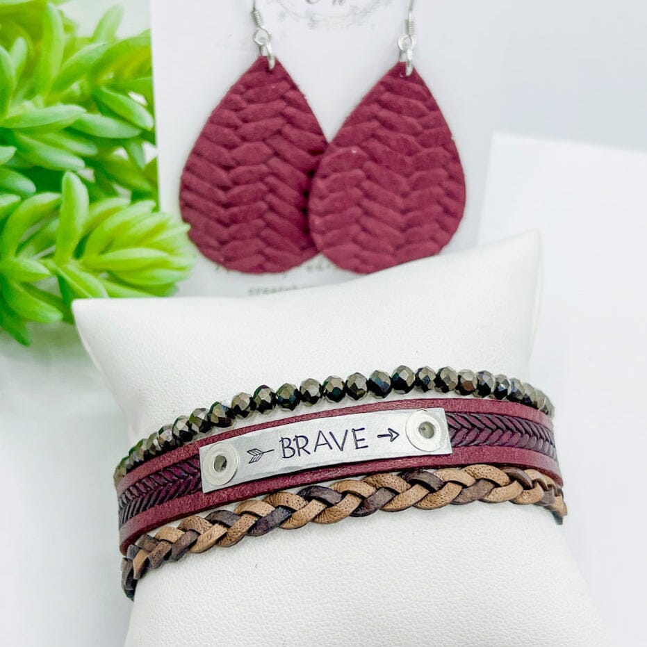 Braided Maroon BRAVE Stack | Skinny Set | Leather Bracelets | Womens Skinny Bracelets Create Hope Cuffs 