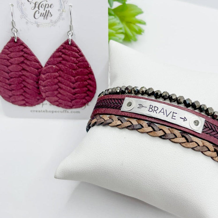 Braided Maroon BRAVE Stack | Skinny Set | Leather Bracelets | Womens Skinny Bracelets Create Hope Cuffs 