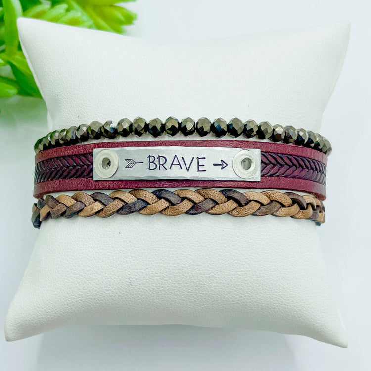 Braided Maroon BRAVE Stack | Skinny Set | Leather Bracelets | Womens Skinny Bracelets Create Hope Cuffs 