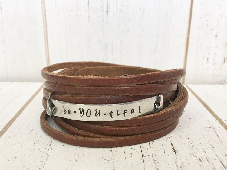 Brown Leather Wrap Bracelet, Choose Your Phrase, adjustable Leather Wrap Create Hope Cuffs 