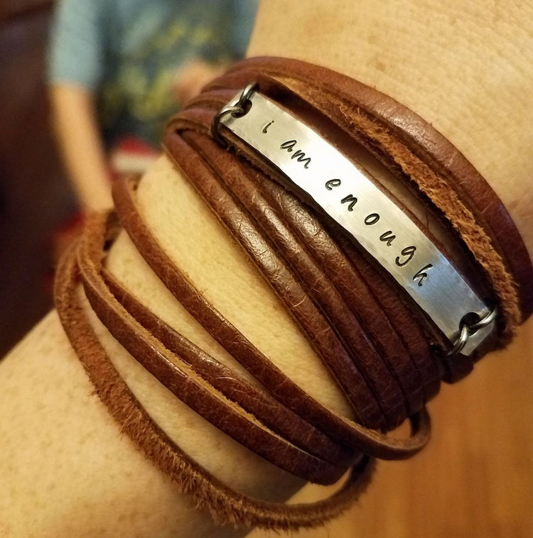 Brown Leather Wrap Bracelet, Choose Your Phrase, adjustable Leather Wrap Create Hope Cuffs I am enough 