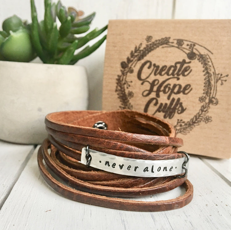 Brown Leather Wrap Bracelet, Choose Your Phrase, adjustable Leather Wrap Create Hope Cuffs never alone 