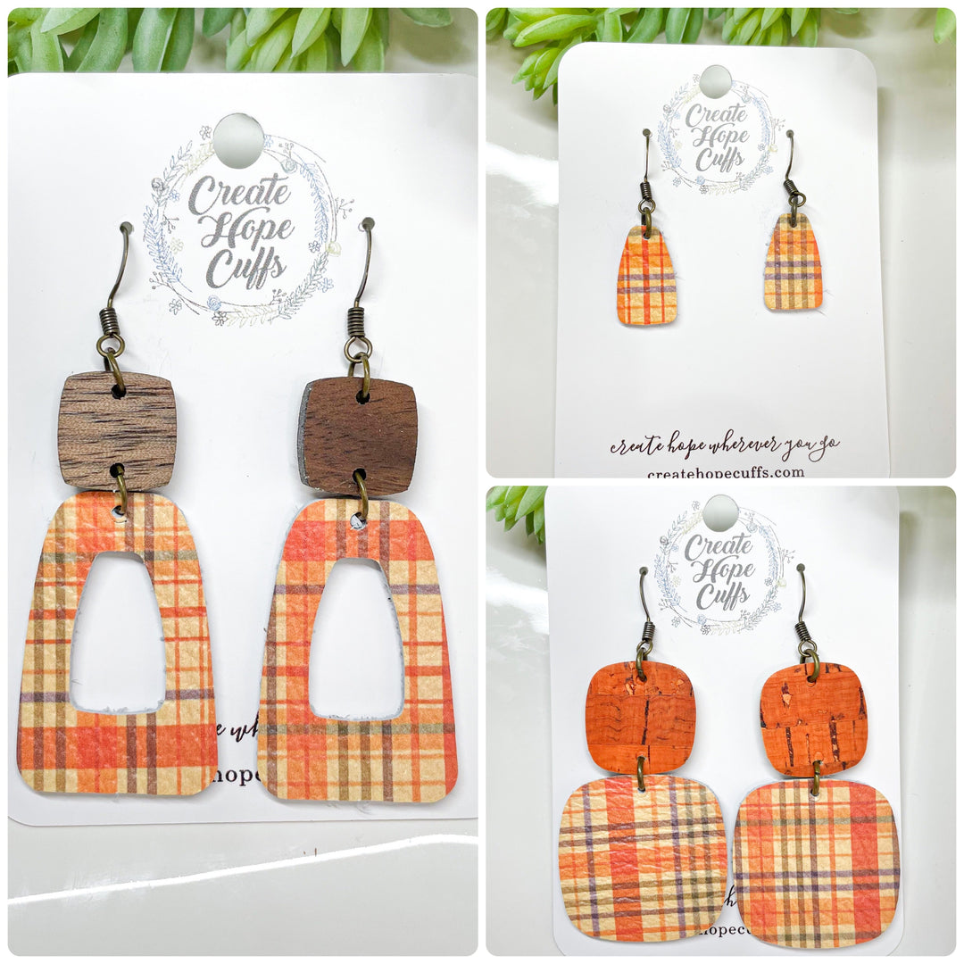 Candy Corn Plaid Leather Earrings | 3 Styles | Stacked | Hypoallergenic | Women Leather Earrings Create Hope Cuffs 