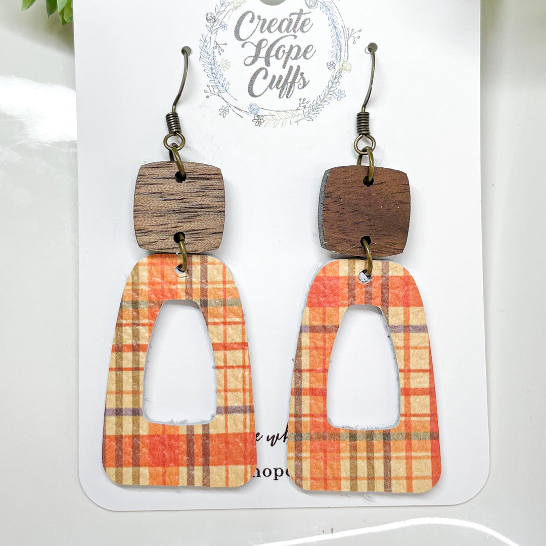 Candy Corn Plaid Leather Earrings | 3 Styles | Stacked | Hypoallergenic | Women Leather Earrings Create Hope Cuffs Open Wood Drops 