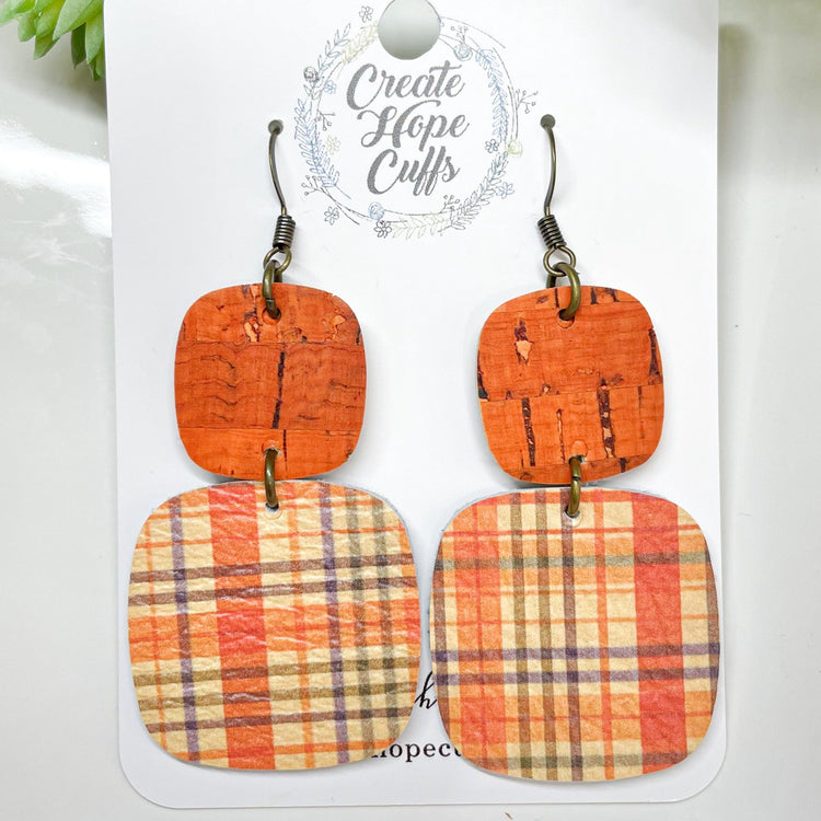 Candy Corn Plaid Leather Earrings | 3 Styles | Stacked | Hypoallergenic | Women Leather Earrings Create Hope Cuffs Stacked Orange Squares 