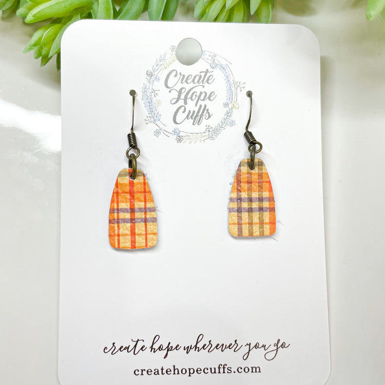 Candy Corn Plaid Leather Earrings | 3 Styles | Stacked | Hypoallergenic | Women Leather Earrings Create Hope Cuffs Tiny Drop 