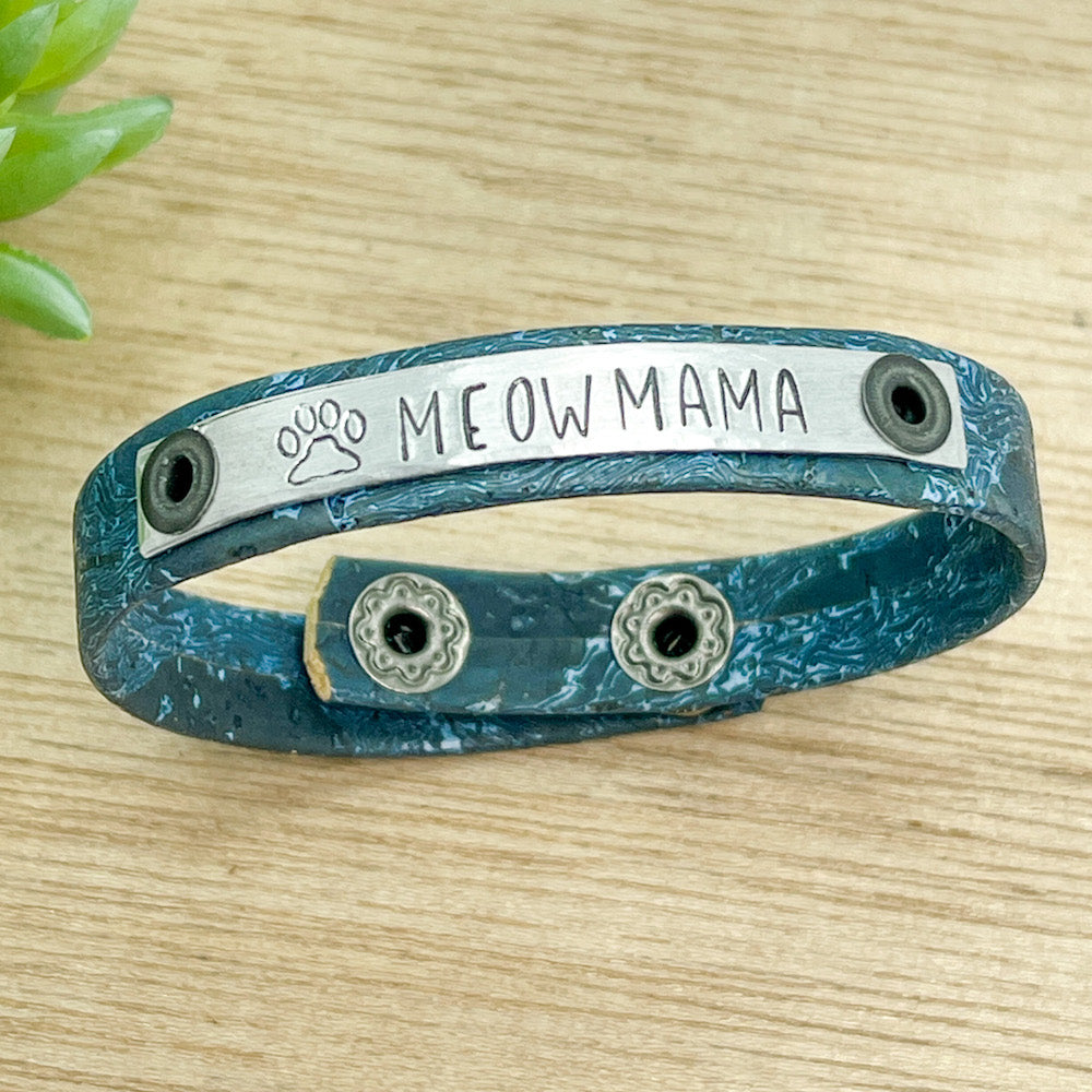 CAT or DOG MOM Cork Skinny Bracelet | Women Teens | Adjustable Skinny Bracelets Create Hope Cuffs Meow Mama (blue vein cork) 