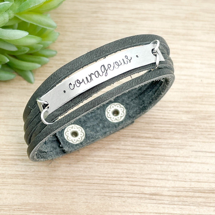Charcoal Grey COURAGEOUS Mini Leather Wrap Bracelet | Women Teens | Adjustable Leather Wrap Create Hope Cuffs 