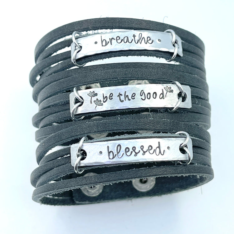 Charcoal Grey COURAGEOUS Mini Leather Wrap Bracelet | Women Teens | Adjustable Leather Wrap Create Hope Cuffs 