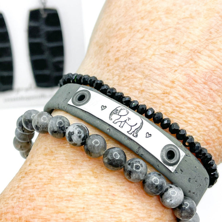 Charcoal Grey ELEPHANT Sisterhood Stack | Skinny Set | Cork Bracelets | Womens Skinny Bracelets Create Hope Cuffs 