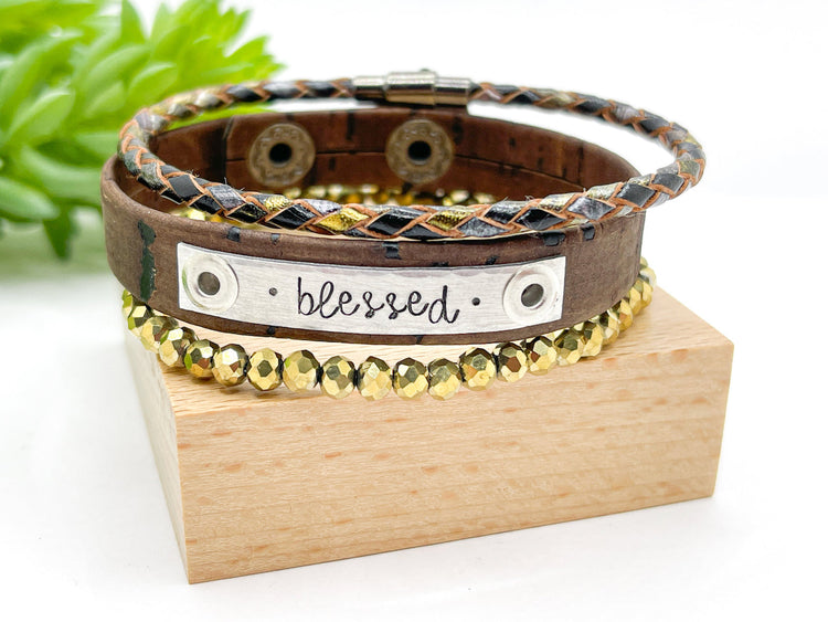 Chestnut Brown BLESSED Stack | Skinny Set | Cork Bracelets | Womens Skinny Bracelets Create Hope Cuffs 