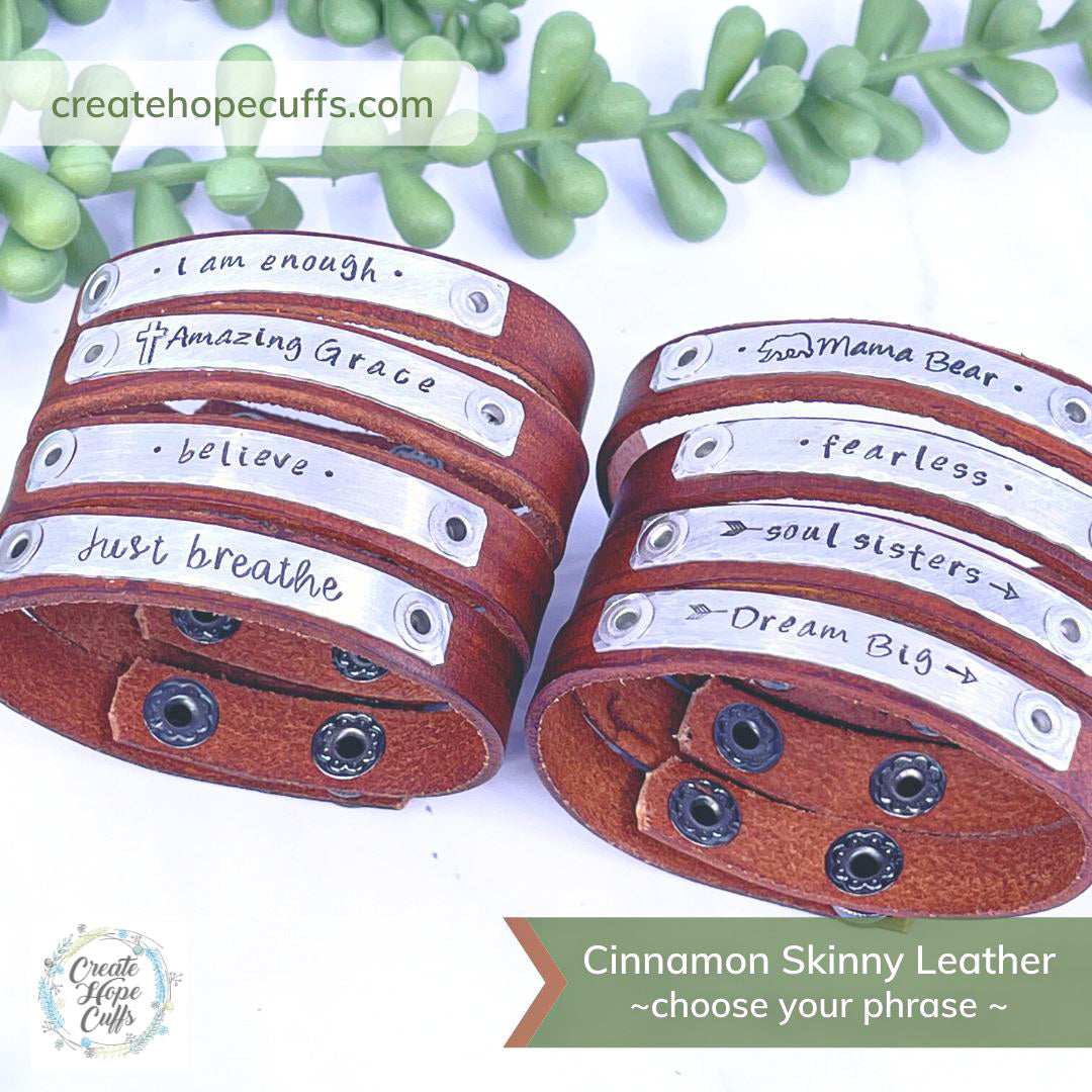 Cinnamon | Choose Your Phrase | Skinny Leather Bracelet | adjustable Skinny Bracelets Create Hope Cuffs 