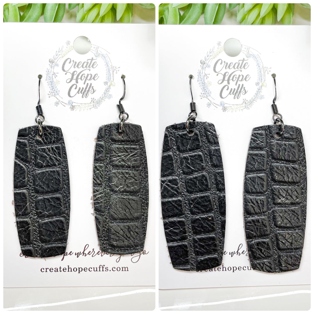 Classic Black Crocodile Leather Bar Earrings | Stacked | Hypoallergenic | Women Leather Earrings Create Hope Cuffs 