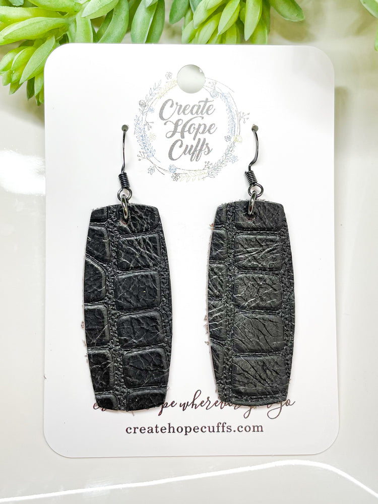 Classic Black Crocodile Leather Bar Earrings | Stacked | Hypoallergenic | Women Leather Earrings Create Hope Cuffs Short Bar 