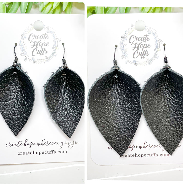 Classic Black Leather Petal Earrings | 2 sizes | Hypoallergenic | Women Leather Earrings Create Hope Cuffs 