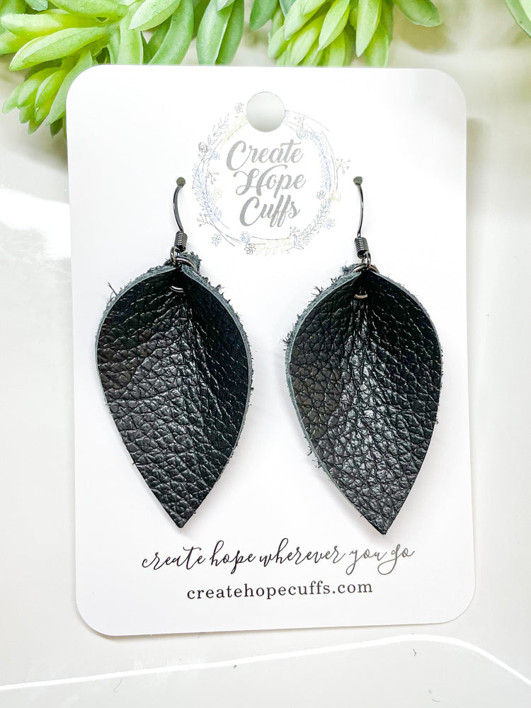 Classic Black Leather Petal Earrings | 2 sizes | Hypoallergenic | Women Leather Earrings Create Hope Cuffs 