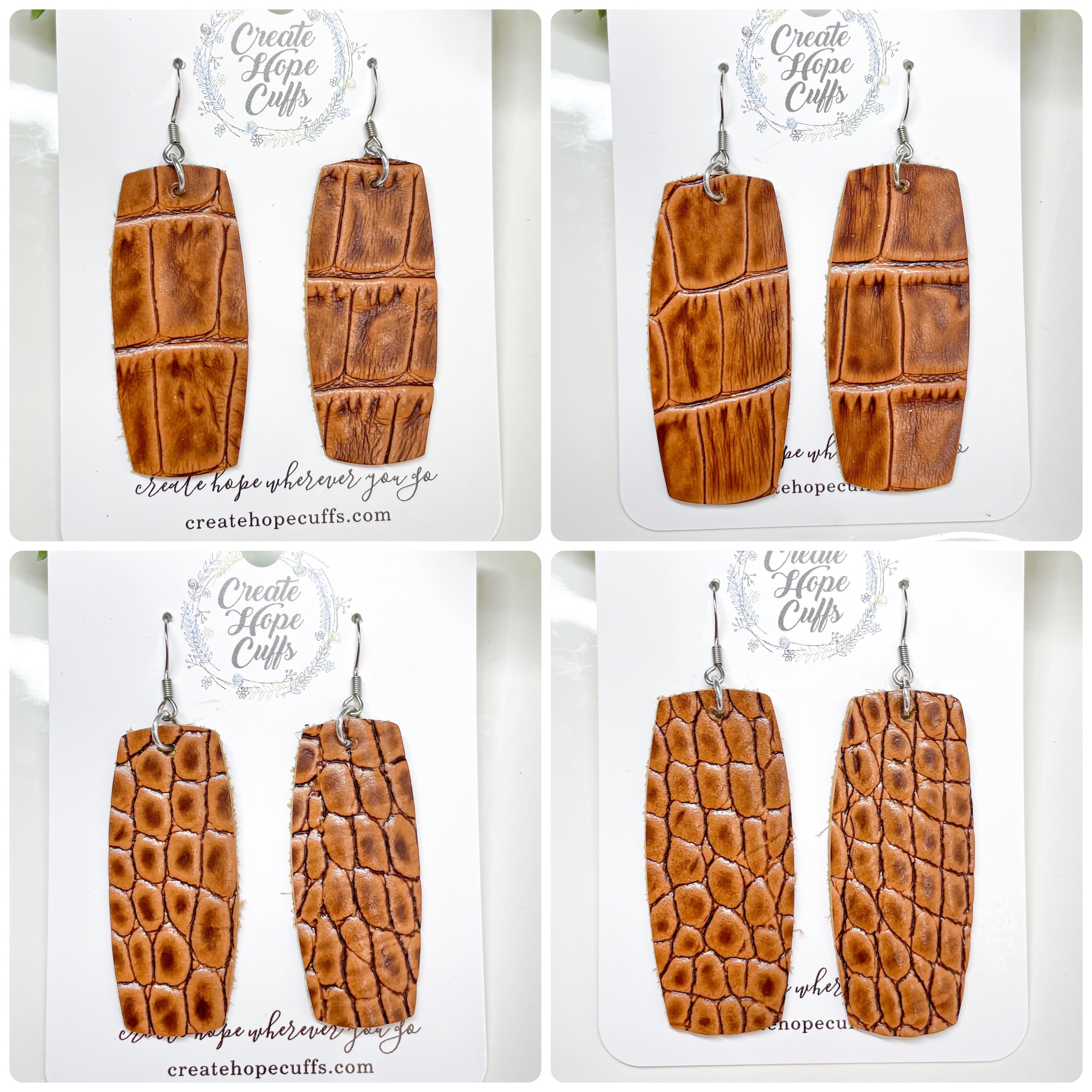 Classic Brown Crocodile Leather Bar Earrings | Stacked | Hypoallergenic | Women Leather Earrings Create Hope Cuffs 